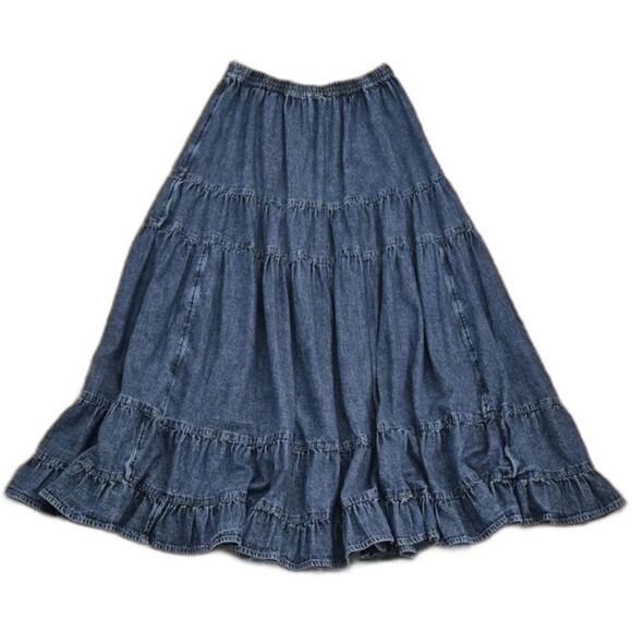 American Eagle Vintage Y2K Denim Maxi Skirt M Tiered Ruffle Hem Boho Western - Picture 1 of 9
